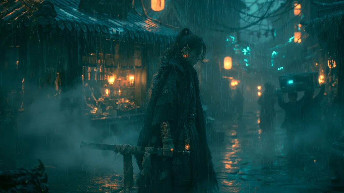 青绿色灯火中的行人
