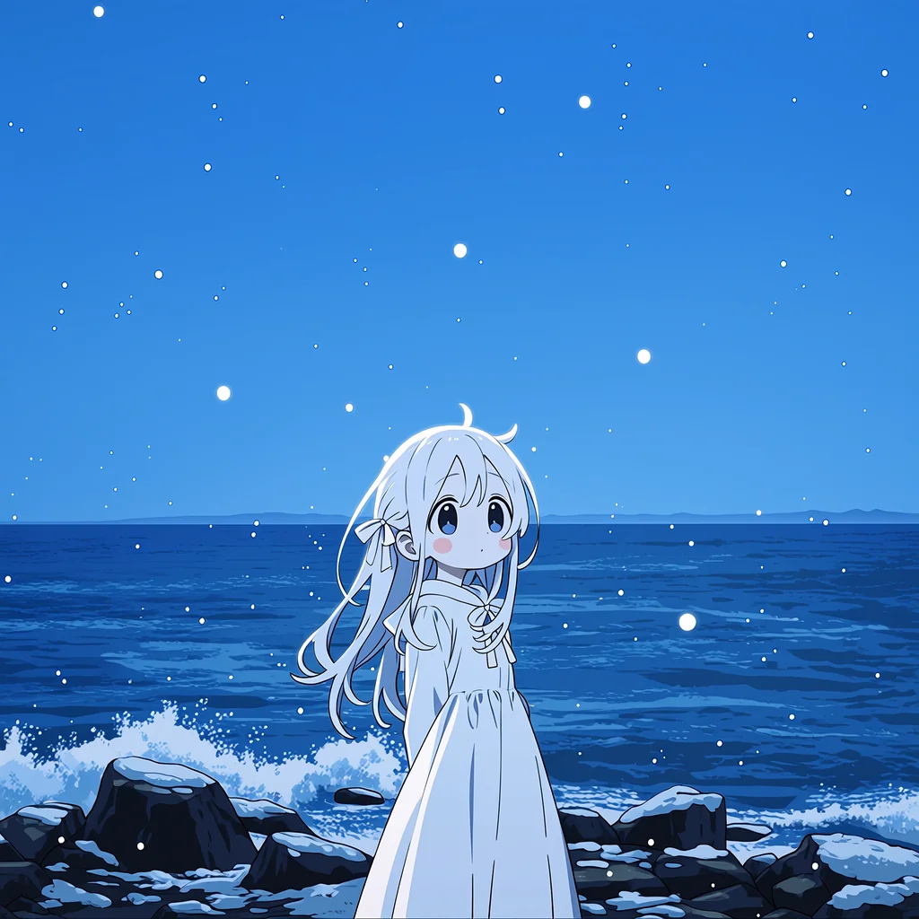 蓝色海面前的白发动画人物